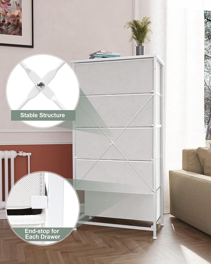Crestlive Products Tall Dresser for Bedroom Vertical Storage Tower - Wide Fabric Dresser & Chests of Drawers for Closet, Hallway, Entryway w/Wood Top, Easy Pull Fabric Bins - 5 Drawers(White)