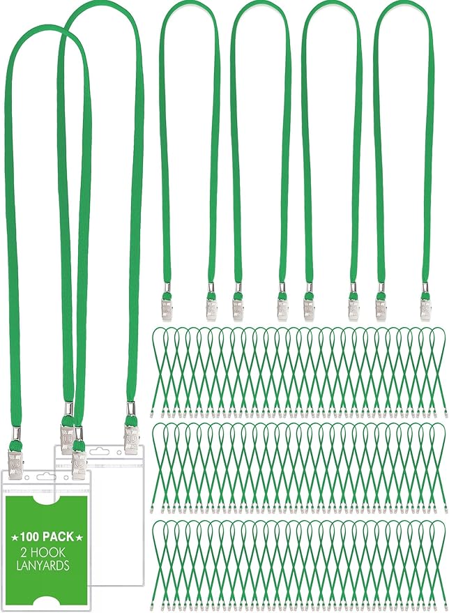 Patelai 100 Pack Double Clip Lanyards Bulk Face Mask Lanyard Twist Free 2 Hook Design Adjustable Badge Neck Strap for ID Name Badge Holder School Conference Office Class Essential (Green)