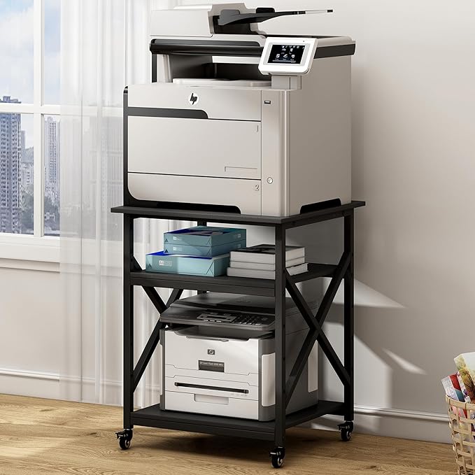 Printer Stand, 23.6 x 23.6 x 30.1 Inches Large Square Printer Table with Height Adjustable Storage Shelf, 3 Tier Rolling Printer Cart with Industrial Wheels for Home Office - Black
