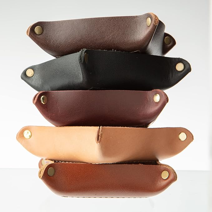 USA Handmade Premium Leather Valet Tray, Jewelry Organizer With Brass Rivets (Dark Walnut Brown, Mini)