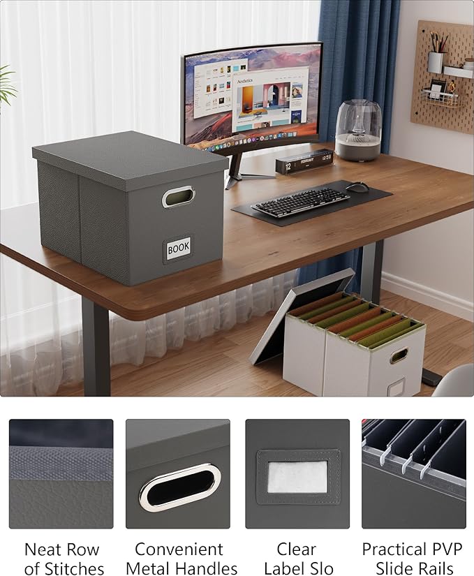 2 Pack File Storage Organizer, Portable File Box with Lid, Fit for Letter/Legal File Folder Storage, Gray(Leather)