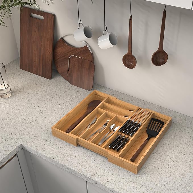 Bamboo Kitchen Drawer Organizer, Expandable Silverware Organizer with Removable Knife Block, 6-8 Slots- Utensil Holder & Cutlery Tray Drawer Dividers, 2.36" Deep for Extra Capacity, Natural