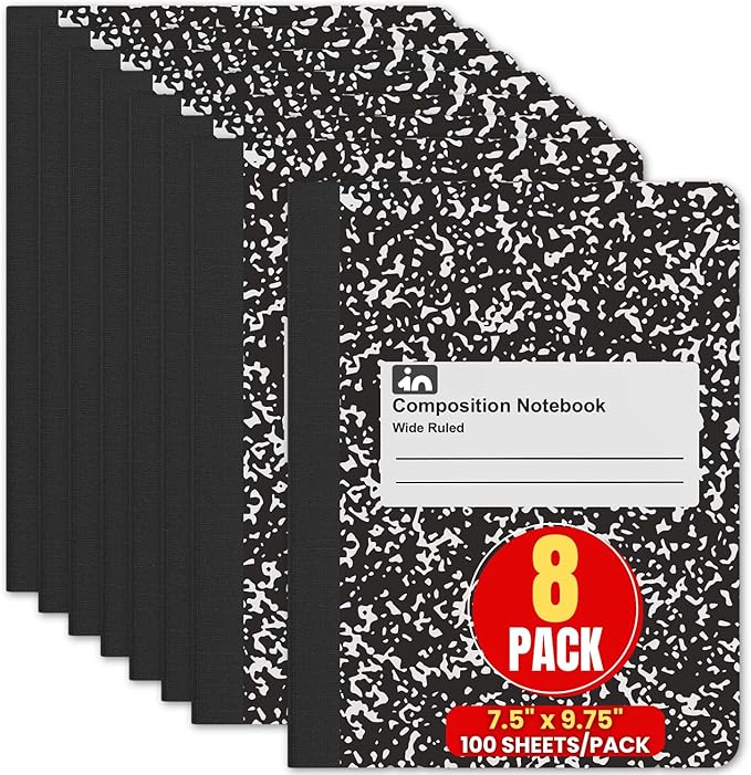 1InTheOffice Wide Ruled Composition Notebook 7.5" x 9.75", Wide Ruled Paper, 100 Sheets, White/Black, (8/Pack)