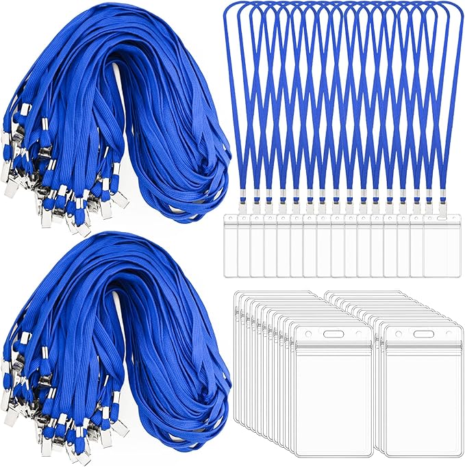 400 Pack Neck Lanyard Bulk with ID Card Holder Lanyards for ID Badges Vertical Name Badge ID Card Holders Flat Neck Lanyards with Clip for Nurses Teacher Students, Blue
