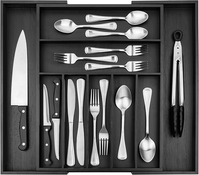 Purawood Bamboo Drawer Organizer - Expandable Silverware Organizer & Utensil Organizer, Cutlery Tray with Dividers, 7-9 Slots - Premium Kitchen Drawer Organizer for Utensils & Flatware (Black)