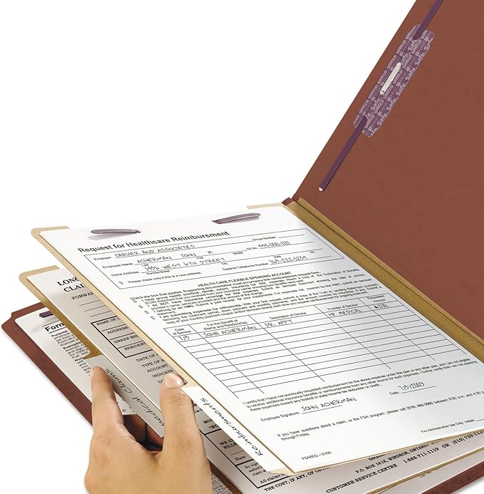 Smead 100% Recycled End Tab Pressboard Classification File Folder with SafeSHIELD Fasteners, 2 Dividers, 2" Expansion, Legal Size, Red, 10 per Box (29860)