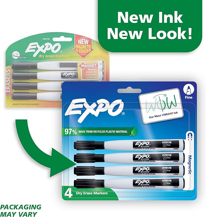 Expo Magnetic Dry Erase Markers with Eraser Fine Tip Black 4 Count