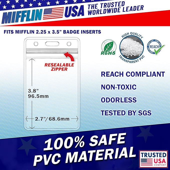 Mifflin-USA Plastic Waterproof ID Badge Holders (Clear, 2.25x3.5 Inch, 5000 Pack), Vertical Hanging Name Card Holder with Zipper, Resealable Bulk Nametag Holders