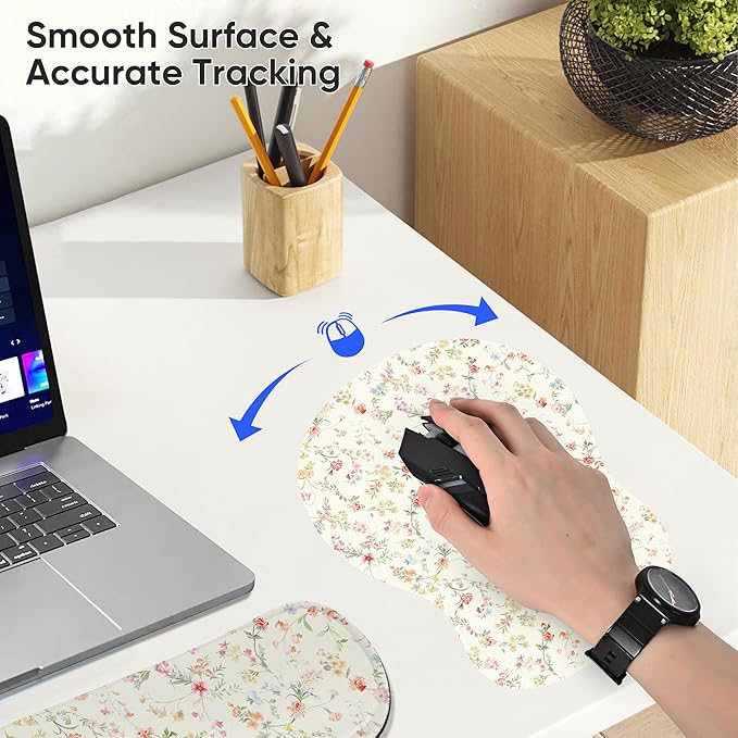 Wrist Rest Support for Mouse Pad Keyboard Set Circle Coaster Gaming Mouse Pad Ergonomic Gel Memory Foam Set for Computer, Laptop, Office, Pain Relief, Comfortably Typing Flowers KM-39