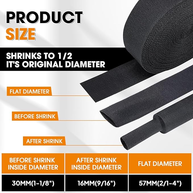 Black 2:1 Ratio Automotive Heat Shrink Braided Sleeving,Wear-Resistant Flat Woven Shrinkable Sleeve Fabric Car Cable Wires Hoses Protection (1-1/8"-66ft)