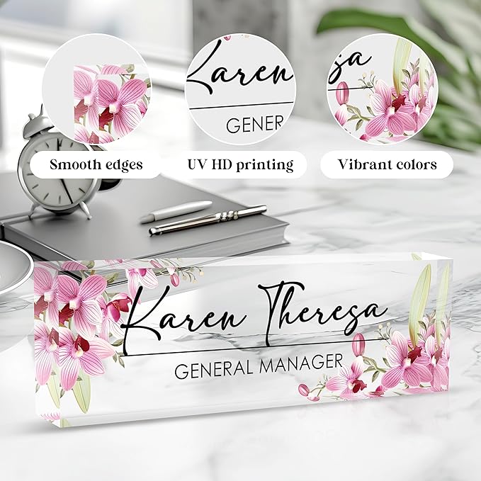 Custom Office Name Plate, Personalized Gifts for Women & Employees, Office Desk Accessory (Pink Orchid)