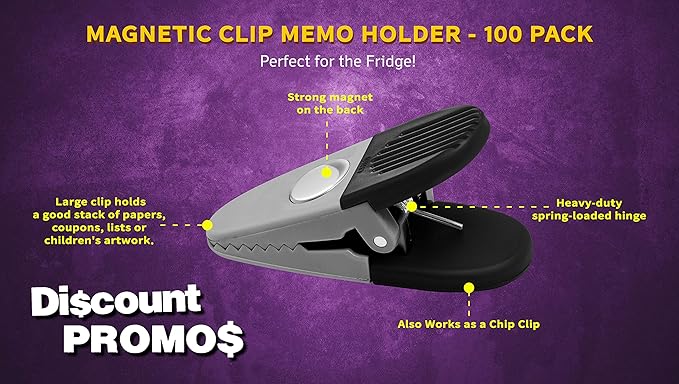 100 Magnetic Memo Holders Set - Customizable Text, Logo - Large Clip, Plastic - Silver Black