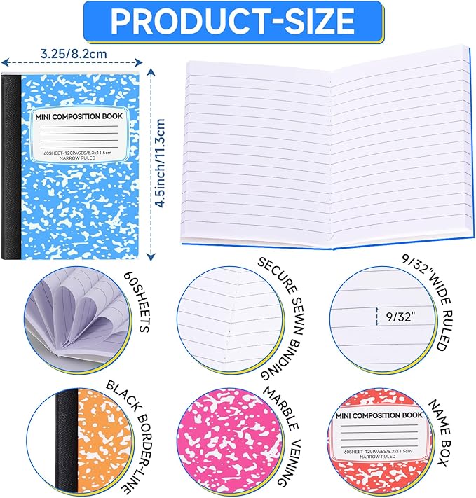 UZLU 48 Pack Mini Composition Notebooks Bulk College Ruled Half Composition Notebook Narrow Ruled Small Pocket Marble Journal 12 Color-4.5" x 3.25"-60 Sheets for Students Office School Supplies