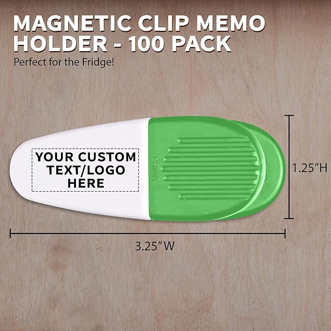 100 Magnetic Memo Holders Set - Customizable Text, Logo - Large Clip, Plastic - White Green