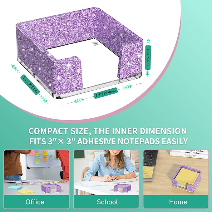 Sticky Note Holder, Glitter Purple Acrylic Notepad Holder 3x3 in Self-Stick Note Dispenser Office Desk Accessories, Memo Pad Holder Organizer for Classroom School Supplies