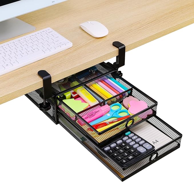 ROSYLINE Under Desk & Desktop Drawer Organizer - 2-Tier Metal Slide Out Drawers Organizer, Storage for Home Office Desk (Black)