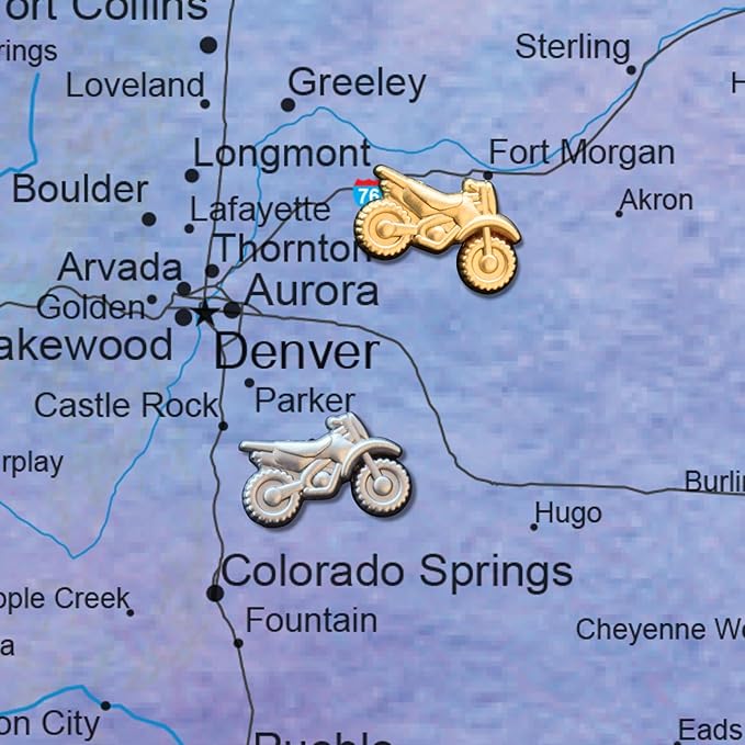 Dirt Bike Push Pins - Gold Dirt Bike Map Pins for Cork Boards, Maps, or Lapel Use - Designed in USA - Set of 20