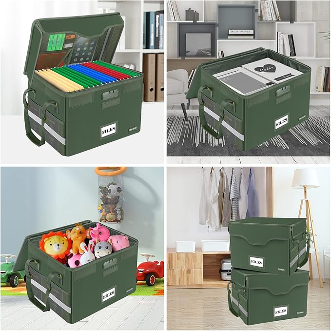 DocSafe Fireproof Document Box with Lock,File Storage Organizer with Mesh Pockets＆Lid,Collapsible Portable File Box Home Office Safe Filing Cabinet with Handle for Hanging Letter/Legal Folder,Green