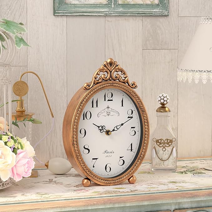 Abdurey Vintage Table Clock on Stand, Desk and Shelf Decorative Clock, French Rustic Style Antique Gold Mantel Clocks for Living Room,Farmhouse,Bedroom,Bedside,Gift Clocks
