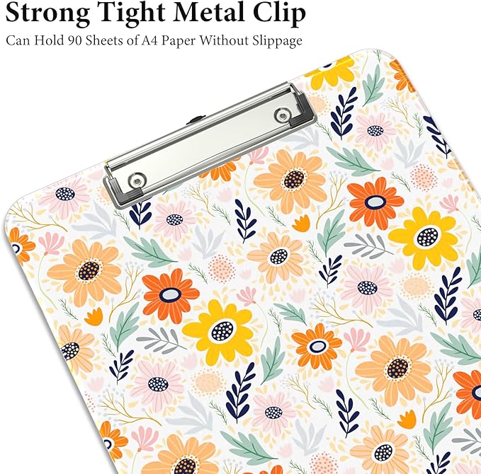 Rimilak Plastic Clipboards with Metal Clip, A4 Letter Size 9 x 12.5 in, Office Decorative for Students Women Men and Kids, Cute Custom Pattern, Orange Flower