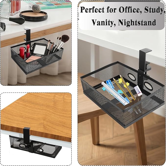Under Desk Organizer with 360° Swivel, Clamp-On No Drill Installation, Sturdy Mesh Storage Drawer for Home Office, Pencils, Art Supplies and More (Black)