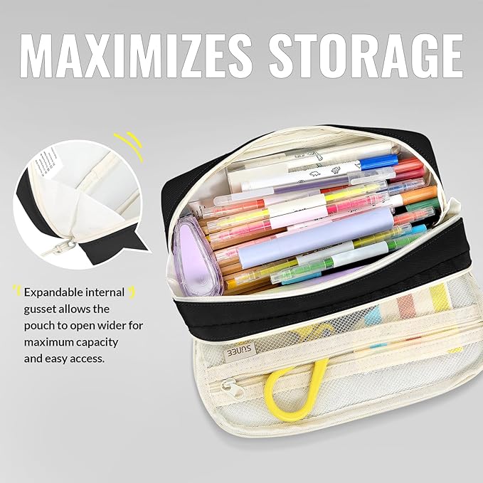 SUNEE Pencil Case, Large Capacity Pencil Pouch, Aesthetic Pen Bag Office Stationery Organizer Simple Sturdy Multifunctional for Teen Girls Women Men, Black