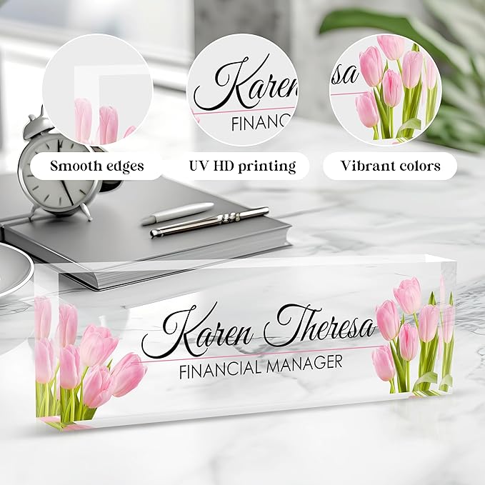 Custom Office Name Plate, Personalized Gifts for Women & Employees, Office Desk Accessory (Pink Tulip)