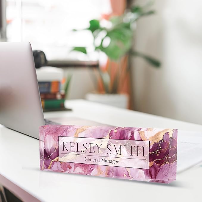 Personalized Name Plate for Desk, Custom Desk Name Plate, Acrylic Name Plate Office Desk Accessories, Personalized Office Gifts for Coworkers Teachers, Employee Appreciation Gifts (C-Mauve Marble)
