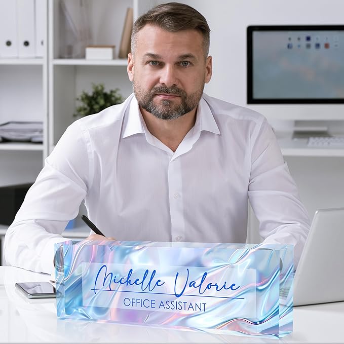 Personalized Office Name Plate, Custom Name Plate for Desks, Office Desk Decorations Gift for Women Men, Acrylic Desk Name Plate for Teacher Coworkers Staff Boss (Laser Ripple)