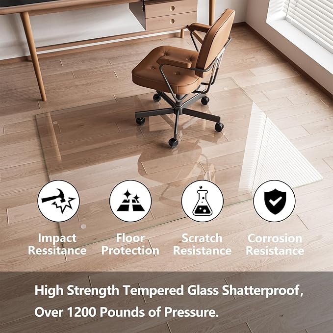 Koonmi Chair Mat for Carpet, Tempered Glass 30"x48" Office Chair Mat, Glass Chair Mats with Rounded and Polished Edges, Ideal for Hardwood Floor, Carpet, Office, Desk, Rolling Chair