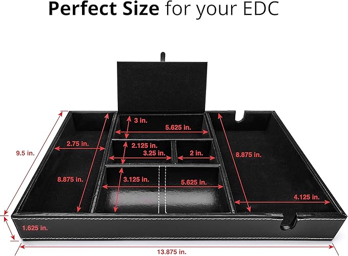ULTRAY, Valet Tray for Men, Nightstand Organizer, Entry Table Organizer, Catch All, Black Faux Leather Box, 6 Compartments