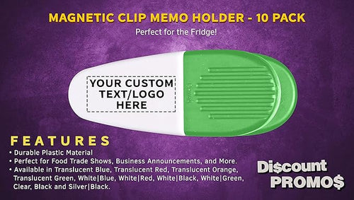 10 Magnetic Memo Holders Set - Customizable Text, Logo - Large Clip, Plastic - White Green