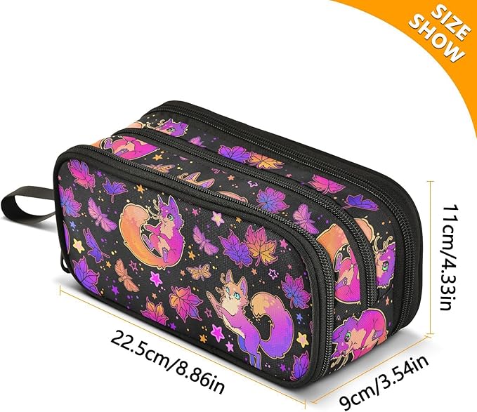 Purple Psychedelic Fox Cat Pencil Case Box Boys Girls Large Pencil Pouch with Zipper Compartments Big Capacity Stationery Pen Bag Organizer for Kids Teens Adults School