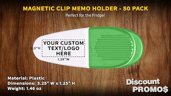 50 Magnetic Memo Holders Set - Customizable Text, Logo - Large Clip, Plastic - White Green