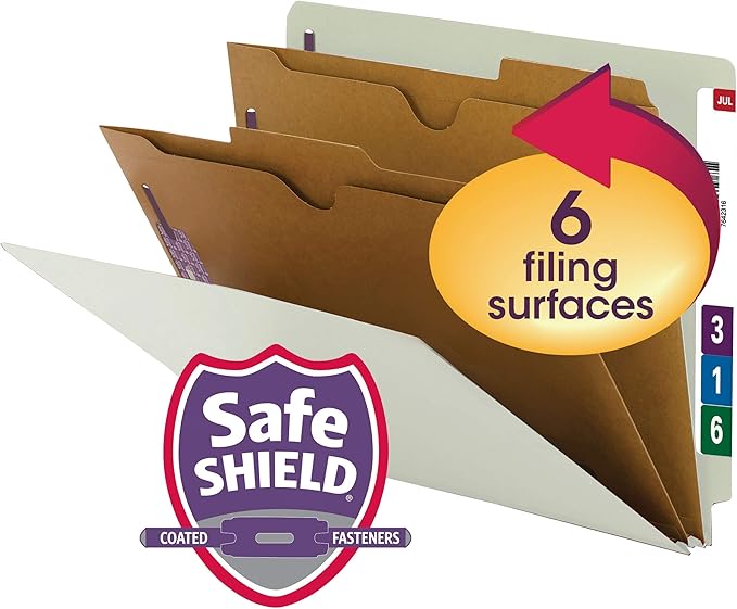 Smead 100% Recycled End Tab Classification File Folder with SafeSHIELD Fasteners, 2 Pocket-Style Dividers, 2" Expansion, Letter Size, Gray/Green, 10 per Box (26710)