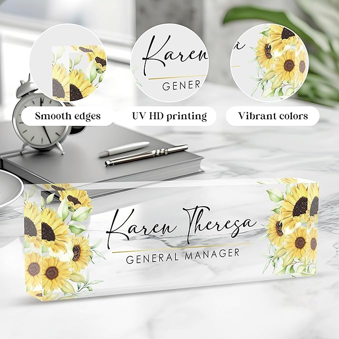 Custom Sunflower Office Name Plate, Personalized Gifts for Women & Employees, Appreciation Gifts for Boss & Teacher, Office Desk Accessories