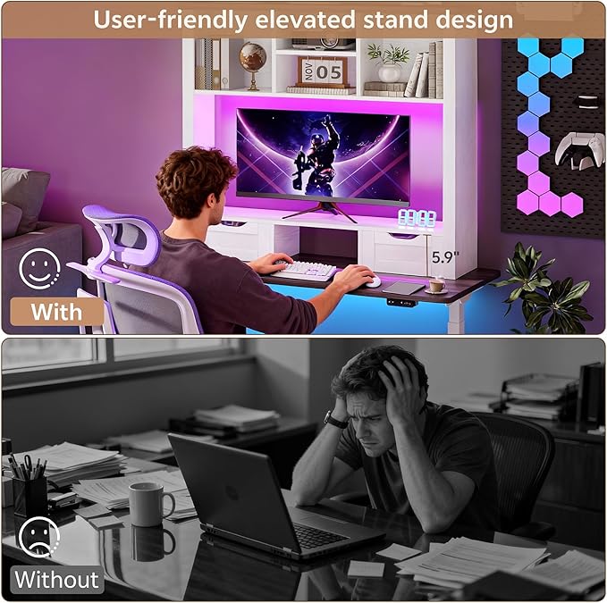 Desktop Bookshelf with Computer Monitor Stand, 37.4''W Desk Shelf Display Rack, Desktop Organizer Storage Rack with 4 Cubbies and 2 Drawers, 5-Tier Desk Hutch for Home, Office, Dorm, Vanity