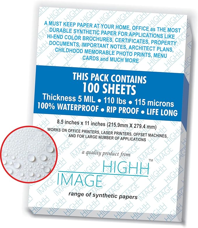Waterproof Paper | 100 Sheets, Thickness 5 MIL 110 LB, Synthetic Paper, 8.5X11 from HIGHH IMAGE | Print With Laser Printers