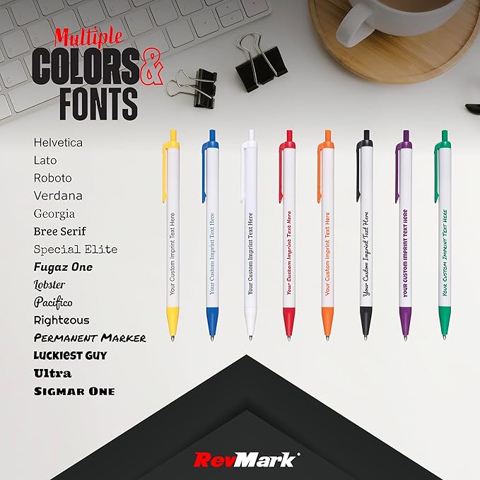 RevMark Personalized Ballpoint Pen, Custom Printed Name, Business or Event Information, Timeless Advertising, USA Made Pens, Promotional Marketing, Smooth Black Ink, Bulk Pack (White,250 Ct.)