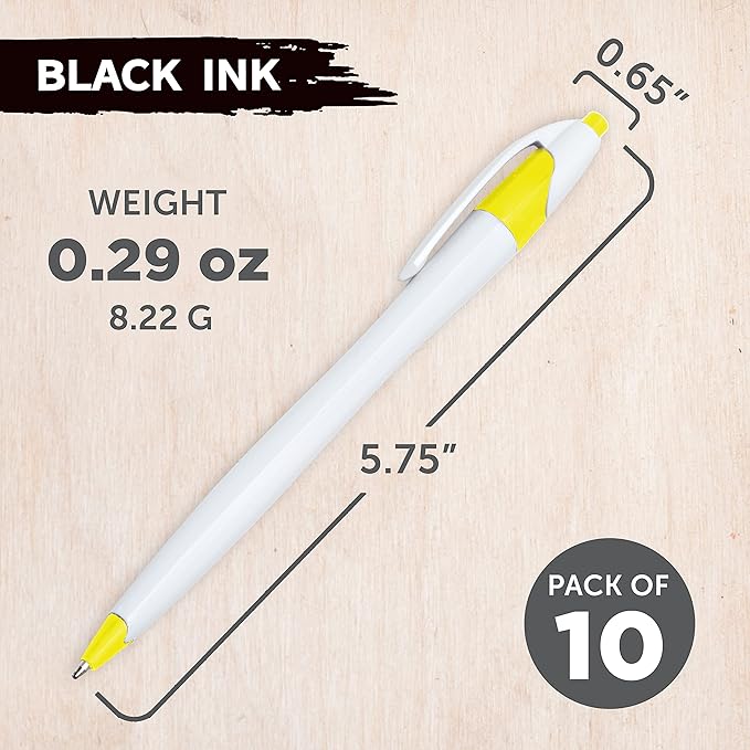DISCOUNT PROMOS Slim Curvy Ballpoint Pens Set of 10, Bulk Pack - Black Ink, Retractable, Great for Office, School, Tradeshows - Yellow