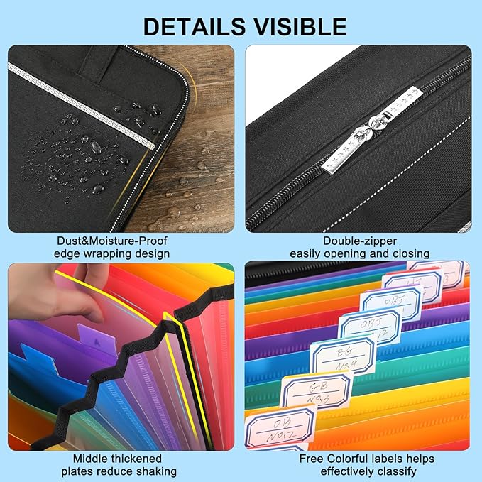 SEEKIND Heavy Duty Accordian File Organizer with Handle,26 Pockets Expanding File Folder, Portable Cloth Document Organizer Accordion File Keeper for Letter Size / A4 File, for Office, School-Black