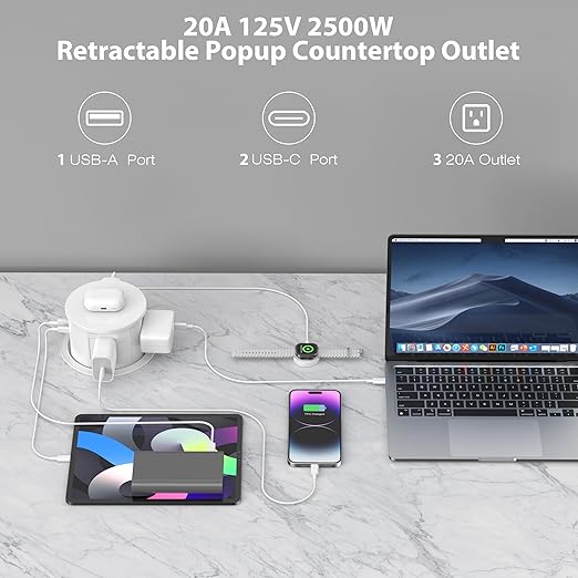 ANNQUAN 20 Amp Pop Up Countertop Outlet with 15W Wireless Charger,Max 65W Power Delivery,4.75" Pop Up Electrical Outlet with 3 Outlets 3 USB Ports for Home Office