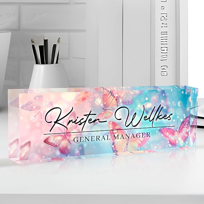 Personalized Name Plate for Desk Custom Acrylic Desk Name Plate Custom Employee Appreciation Gifts Office Gifts for Women, Men, Boss, Coworkers, Teacher, Nurse (Pink-Blue Butterfly)