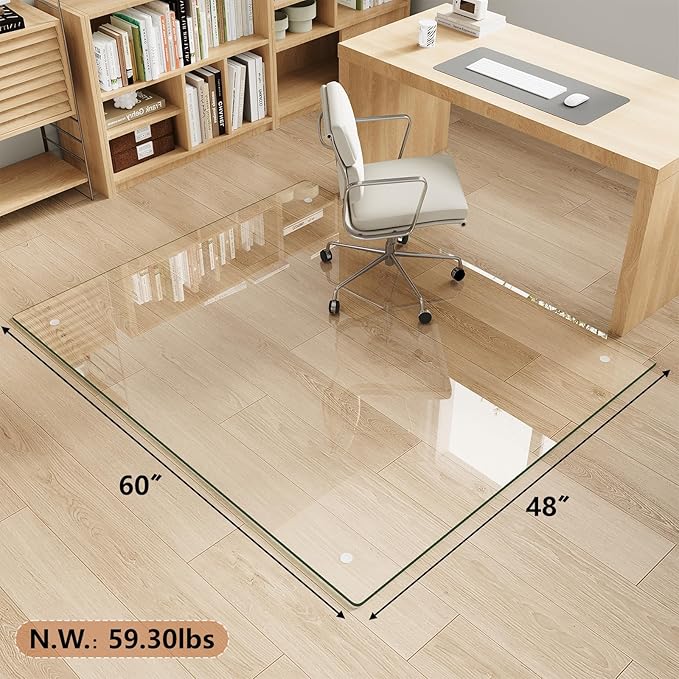 Tempered Glass Chair Mat for Carpet & Hard Floor, 48"x60" Office Chair Mat - Heavy Duty & Scratch Resistant, Non-Slip Pads, Rounded Corners & Polished Edges