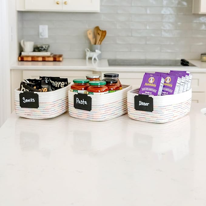 NaturalCozy 11.8"x8"x4.5” Rectangle Storage Baskets for Shelves 3 Pack | Cotton Rope Woven Small Baskets for Organizing | Small Storage Bins for Nursery, Bathroom, Closet, Shelf, Decorative, Gift