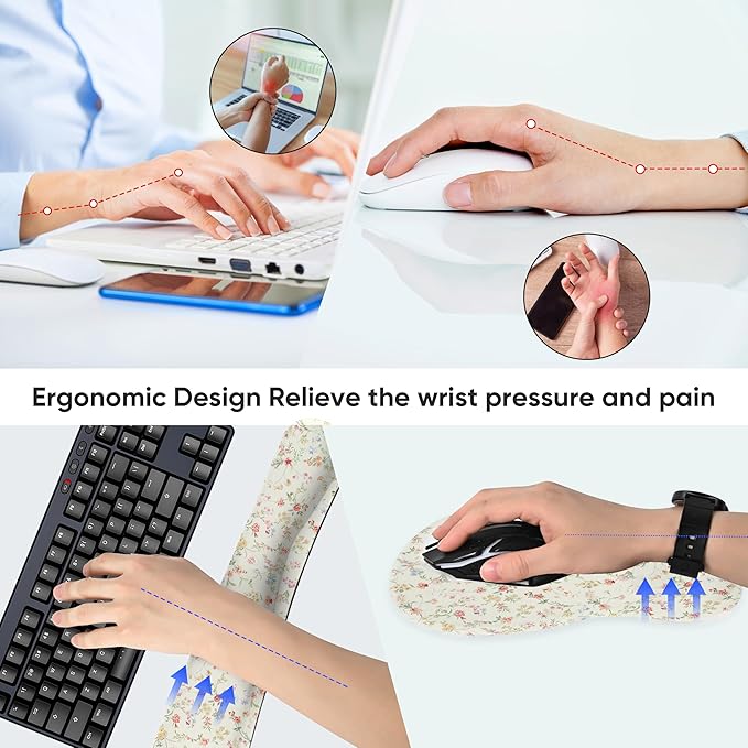 Wrist Rest Support for Mouse Pad Keyboard Set Circle Coaster Gaming Mouse Pad Ergonomic Gel Memory Foam Set for Computer, Laptop, Office, Pain Relief, Comfortably Typing Flowers KM-39