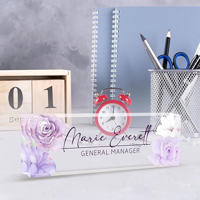 Personalized Name Plate for Desk, Custom Desk Name Plate, Acrylic Name Plate Office Desk Accessories, Personalized Office Gifts for Coworkers Teachers, Employee Appreciation Gifts (A-PurpleFlower)