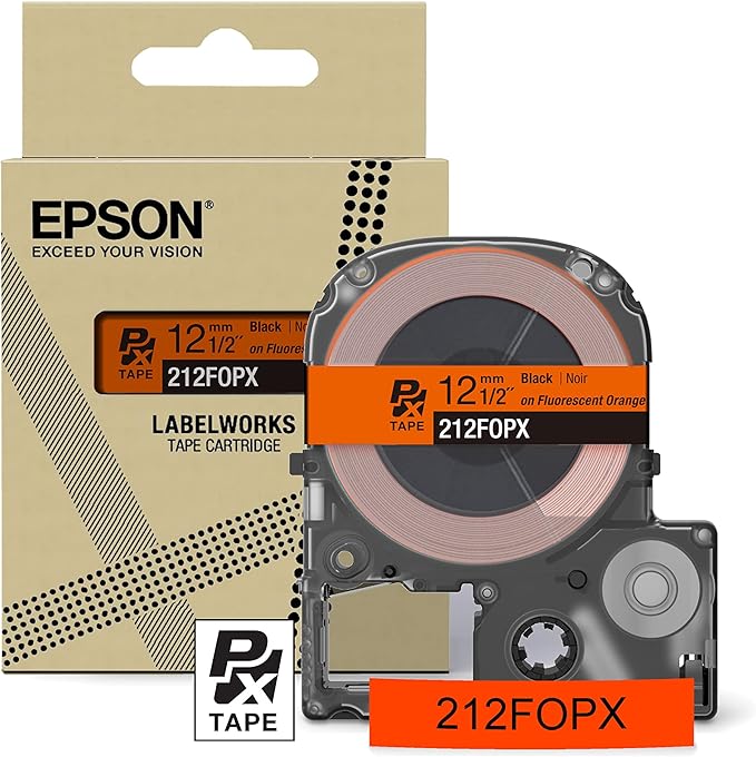 Epson LABELWORKS 212FOPX Genuine PET (Polyester) Tape Cartridge - Black on Fluorescent Orange Designer Craft Label Maker Tape - 1/2" (12MM) Wide, 16'