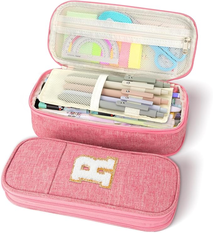 Large Capacity Pink Pencil Case, Cute Pencil Case Pencil Pouch with Zipper For Girls Women, Expandable Preppy Pencil Bag Large Storage High Capacity Bag Organizer for School Home Office Supplies, R