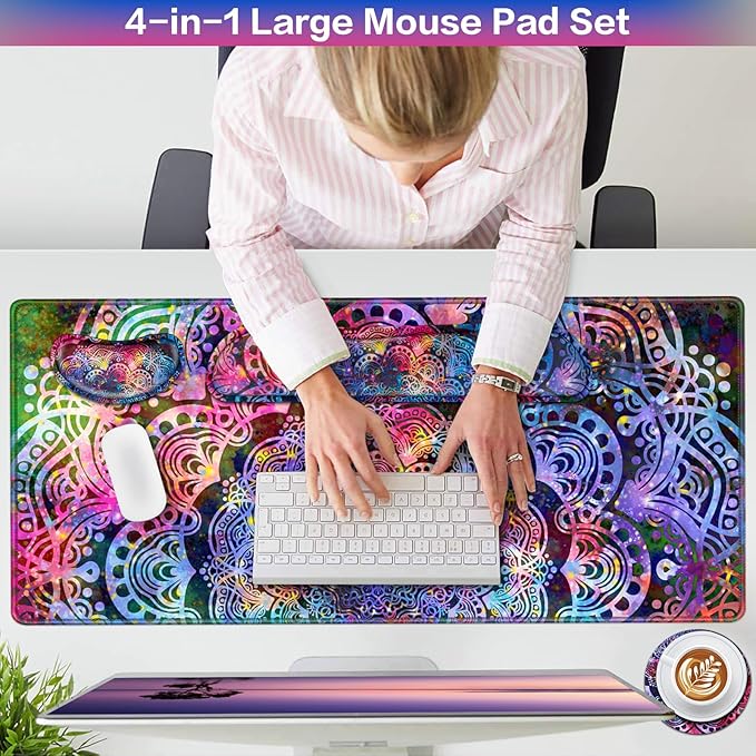 Mouse Pad with Wrist Rest, 4-in-1 Large Mousepad+Keyboard Wrist Rest+Mouse Pad Wrist Support+Cup Pad Set,Ergonomic Anti-Slip,Memory Foam Desk Mat for Home Office Gaming(35.4×15.7in)